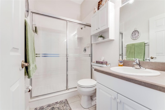 bathroom with vanity, walk in shower, tile patterned flooring, and toilet