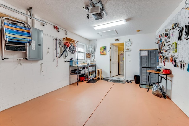 garage featuring a garage door opener, a workshop area, and water heater