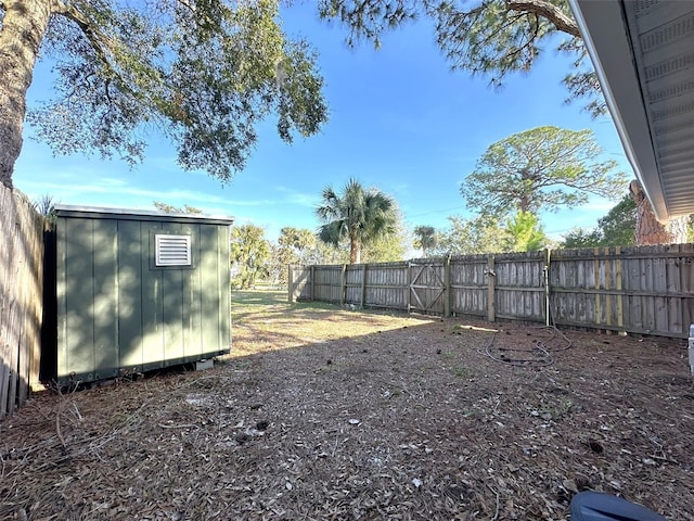 view of yard featuring a storage unit