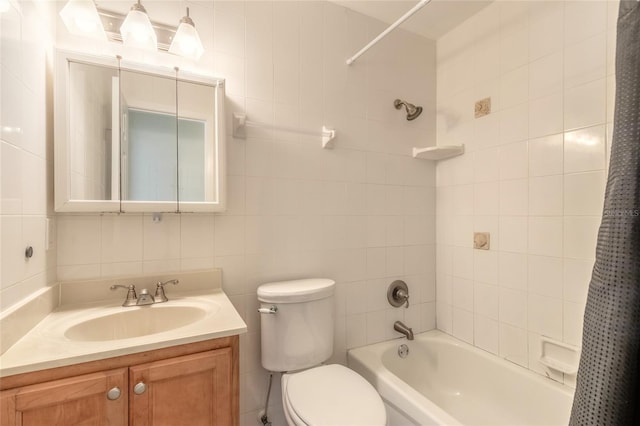 full bathroom featuring tile walls, backsplash, vanity, toilet, and shower / bathtub combination with curtain