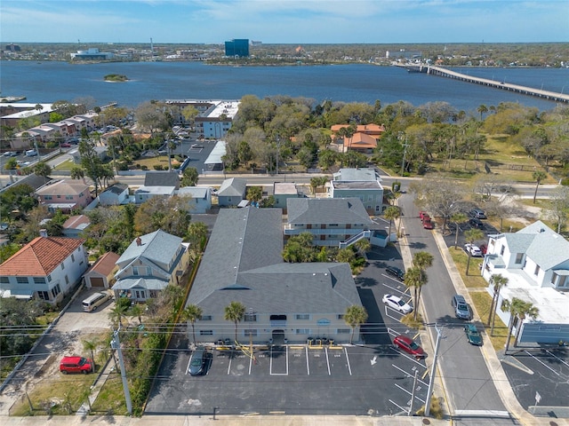 drone / aerial view featuring a water view