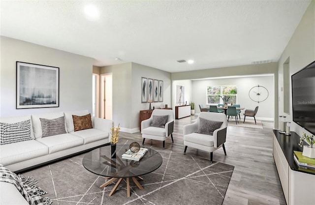 living room featuring hardwood / wood-style floors and a textured ceiling