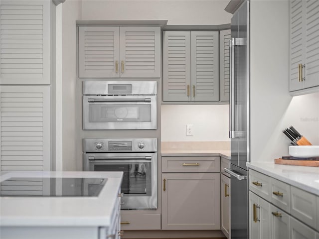 kitchen with stainless steel appliances and gray cabinetry