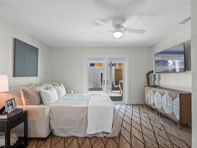 bedroom with ceiling fan, a textured ceiling, access to outside, and french doors