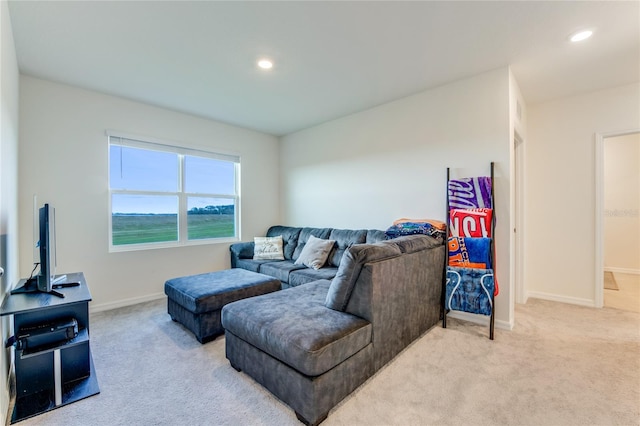 living room featuring light colored carpet