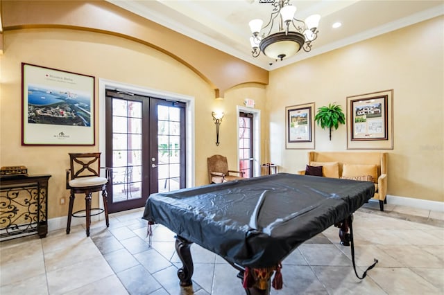 game room featuring light tile patterned floors, crown molding, billiards, and french doors