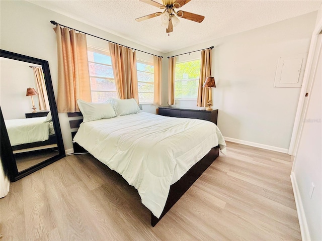 824 Garfish Ave, New Smyrna Beach, FL 32169 - bedroom with light wood finished floors, baseboards, a textured ceiling, and a ceiling fan