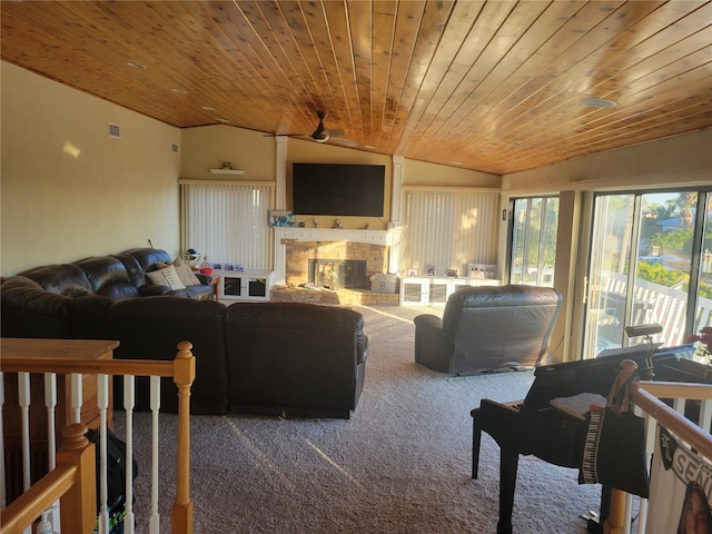 carpeted living room with ceiling fan, wooden ceiling, and vaulted ceiling