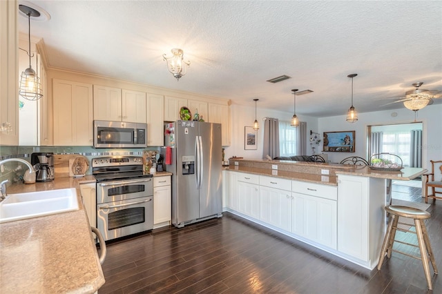 kitchen with kitchen peninsula, dark hardwood / wood-style flooring, sink, and appliances with stainless steel finishes