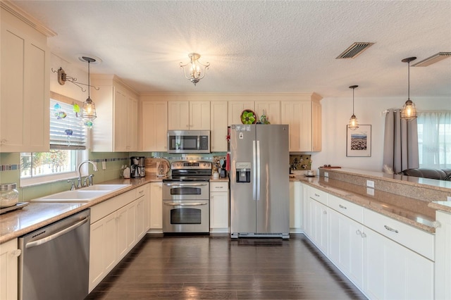 kitchen featuring sink, hanging light fixtures, stainless steel appliances, dark hardwood / wood-style flooring, and a textured ceiling