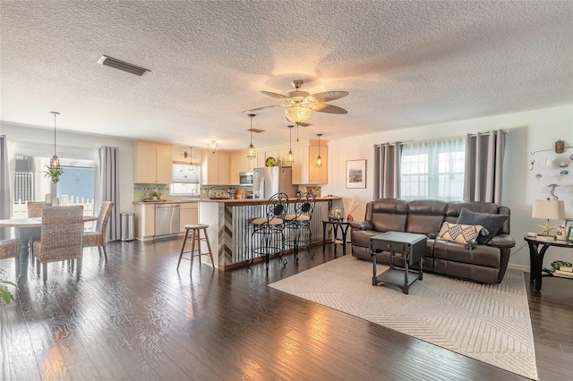 living room with a textured ceiling, plenty of natural light, dark wood-type flooring, and ceiling fan