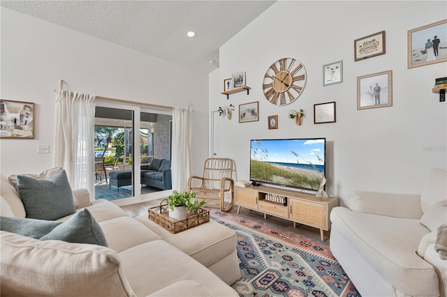 living room featuring lofted ceiling, a textured ceiling, and hardwood / wood-style flooring