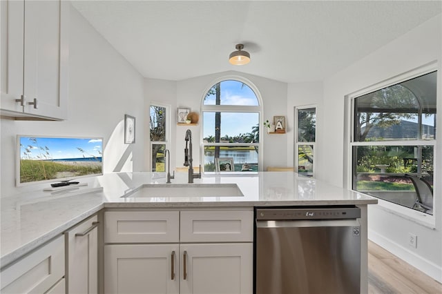 kitchen with white cabinetry, a wealth of natural light, sink, and stainless steel dishwasher