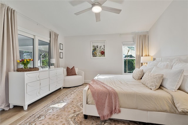 bedroom with ceiling fan and wood-type flooring