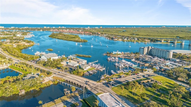 aerial view featuring a water view