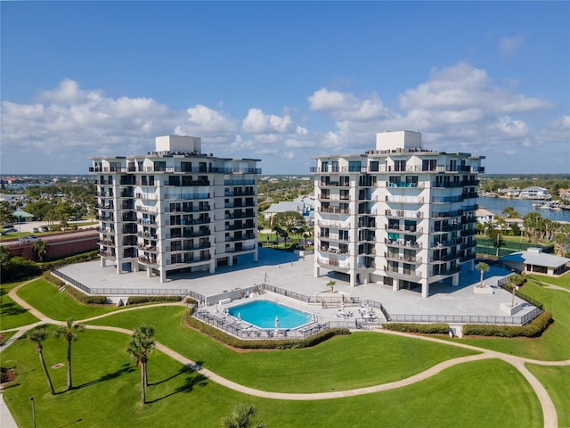 birds eye view of property featuring a water view