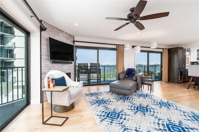 living room with light hardwood / wood-style flooring and ceiling fan