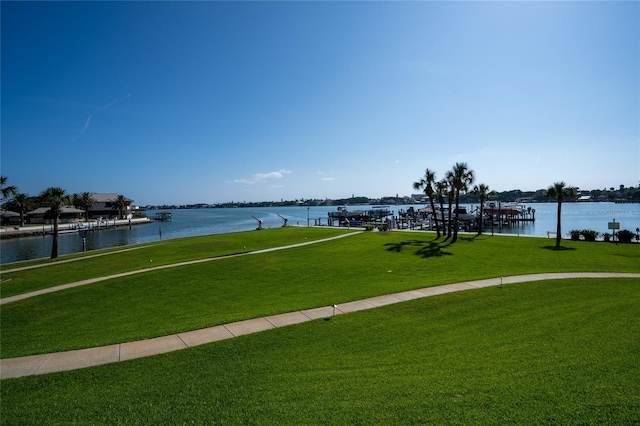 view of community with a lawn and a water view