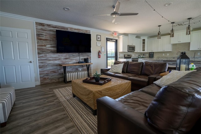 living room with dark wood-type flooring, a textured ceiling, and ornamental molding