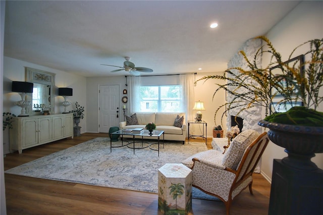 living room with ceiling fan and hardwood / wood-style flooring