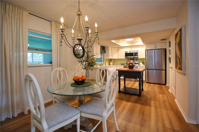 dining room with an inviting chandelier and light wood-type flooring