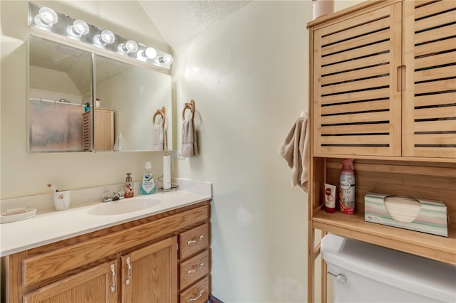 bathroom featuring vanity, a textured ceiling, toilet, and walk in shower