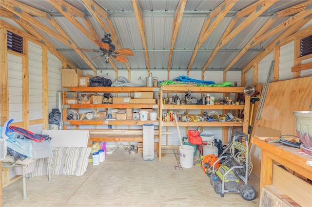 storage room featuring ceiling fan