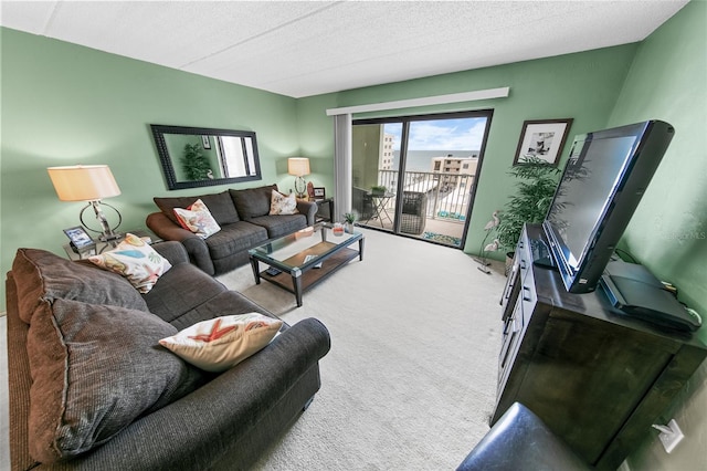 carpeted living room featuring a textured ceiling