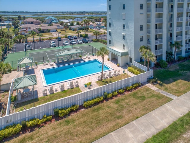 view of pool featuring a gazebo, a patio, and a lawn