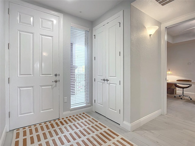 entryway featuring a wealth of natural light and light hardwood / wood-style floors