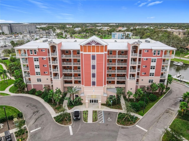 view of building exterior with a water view