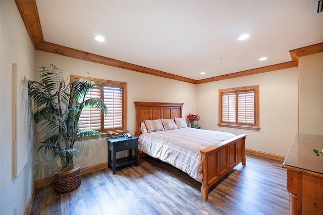 bedroom with multiple windows, dark hardwood / wood-style flooring, and ornamental molding