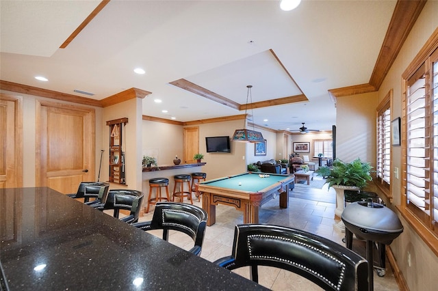 recreation room featuring ceiling fan, plenty of natural light, ornamental molding, and billiards