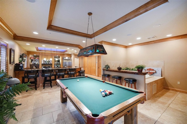 1653 N US Highway 1 Unit 201, Ormond Beach, FL 32174 - rec room featuring wet bar, ornamental molding, billiards table, recessed lighting, and light tile patterned floors