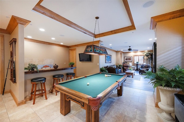 rec room featuring ceiling fan, ornamental molding, and billiards