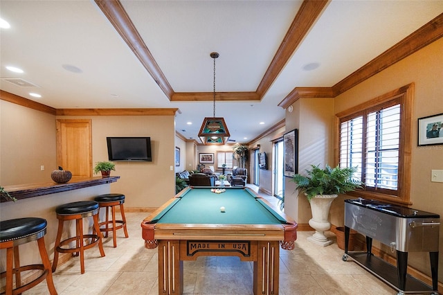 1653 N US Highway 1 Unit 201, Ormond Beach, FL 32174 - game room with crown molding, billiards, light tile patterned floors, a tray ceiling, and recessed lighting