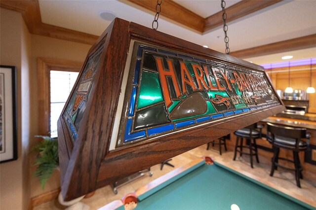 game room featuring crown molding and billiards