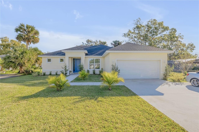 ranch-style home featuring concrete driveway, a front yard, an attached garage, and stucco siding