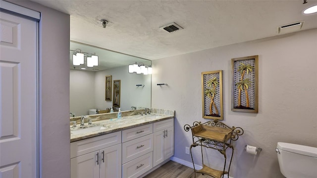 bathroom with hardwood / wood-style floors, vanity, and toilet