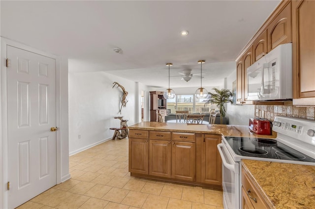 kitchen with ceiling fan, backsplash, decorative light fixtures, white appliances, and light tile patterned floors