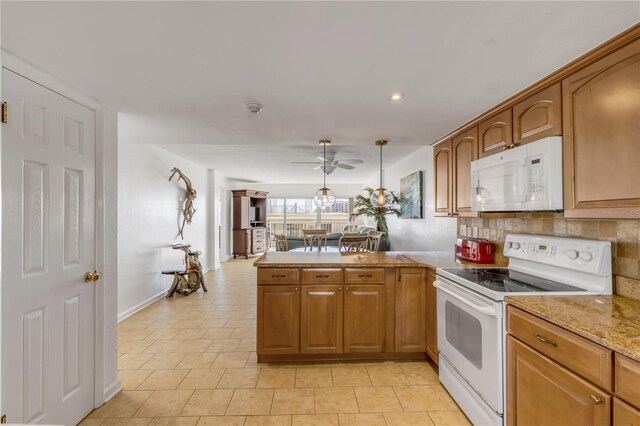 kitchen with ceiling fan, hanging light fixtures, tasteful backsplash, kitchen peninsula, and white appliances