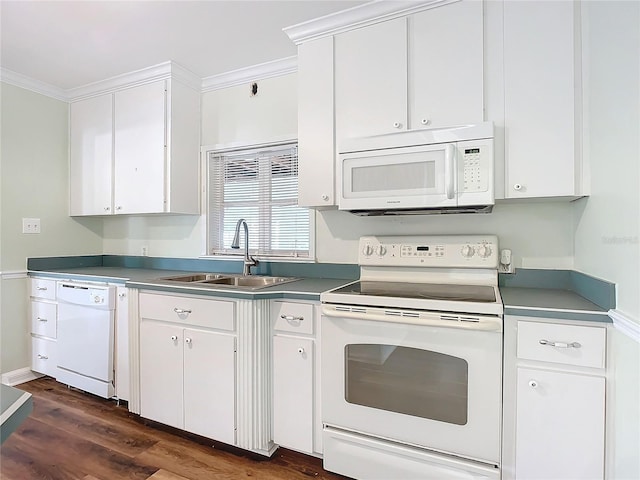 kitchen with sink, dark wood-type flooring, crown molding, white appliances, and white cabinets