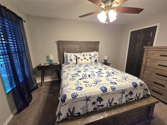 bedroom featuring ceiling fan and dark carpet