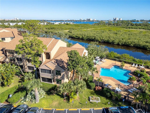 aerial view featuring a water view