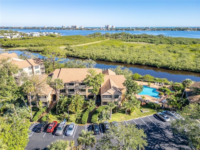 bird's eye view with a water view