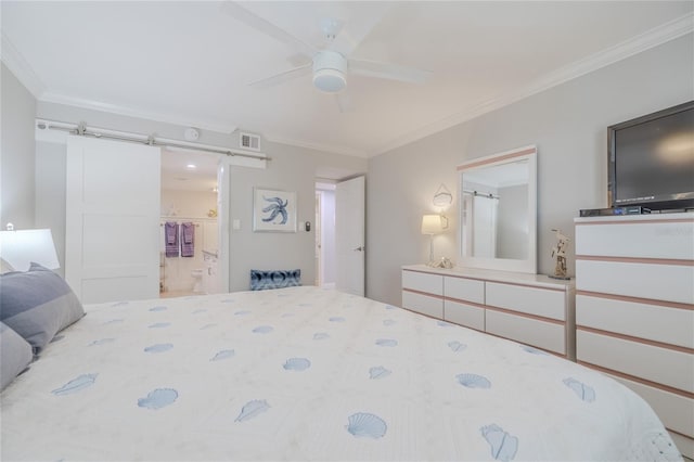 bedroom with connected bathroom, ceiling fan, and ornamental molding