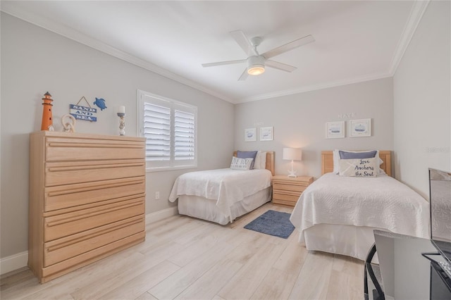 bedroom with ceiling fan, light hardwood / wood-style flooring, and ornamental molding