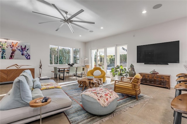 living room featuring ceiling fan