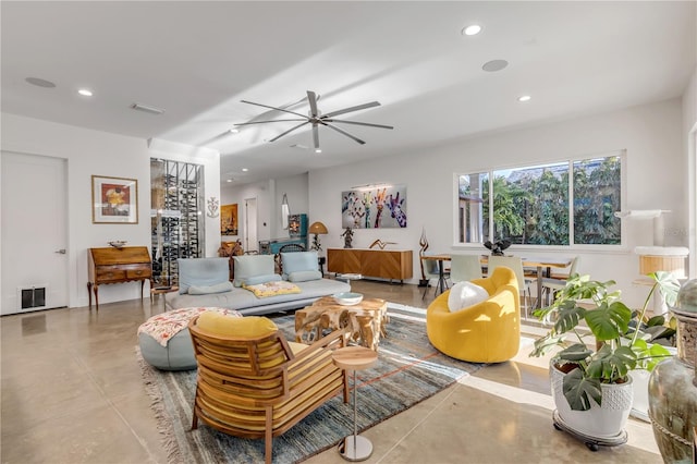 living room with ceiling fan