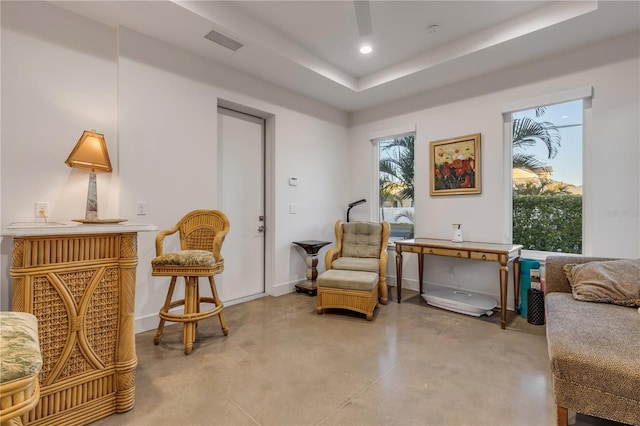 sitting room featuring a tray ceiling